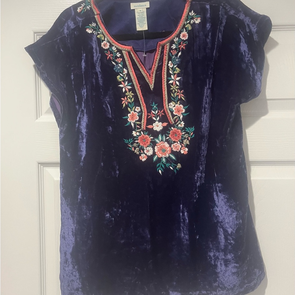 Sundance Purple Velvet Blouse with Floral Embroidery